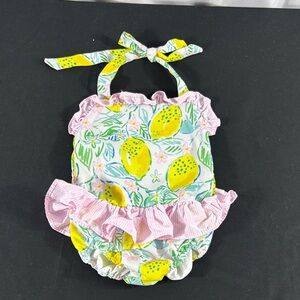 Lemon Print Kids Swim One Piece with Pink Ruffles